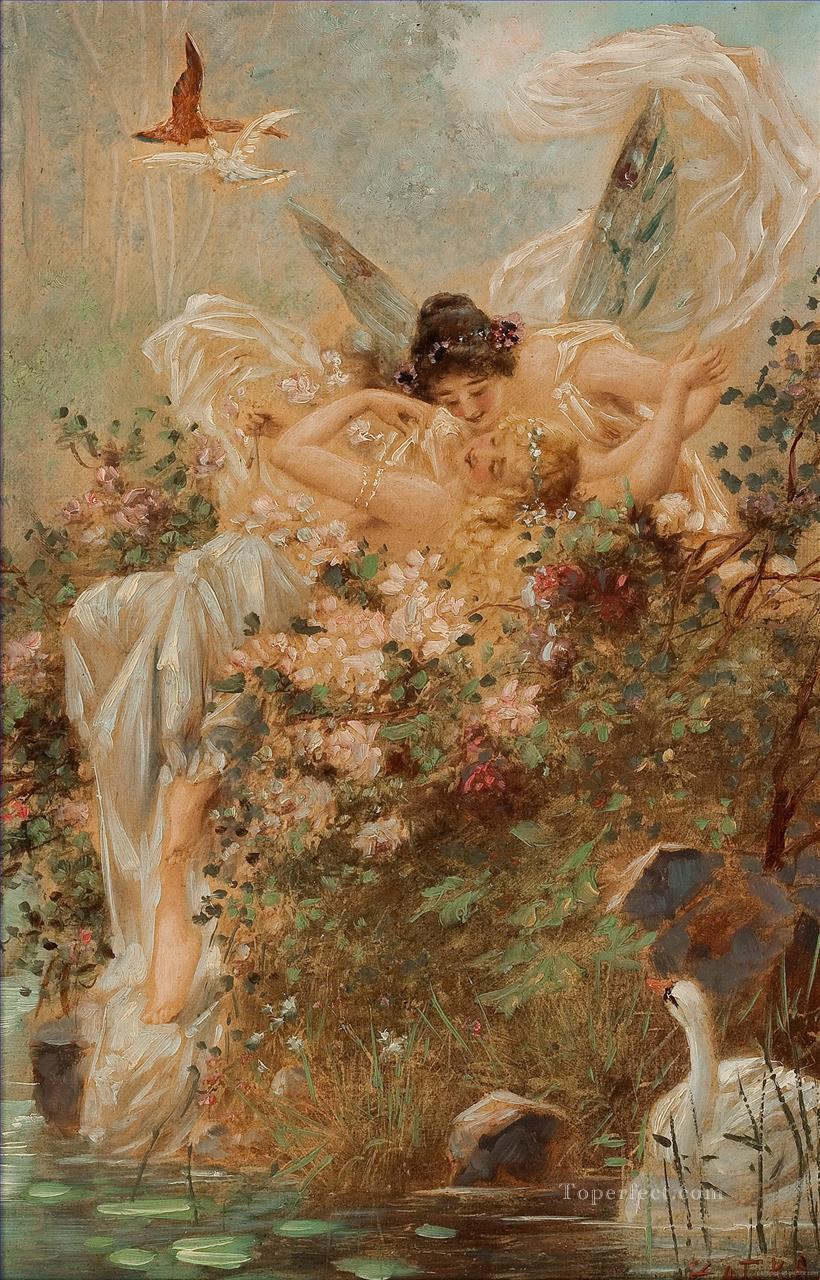 kissing angels and swan Hans Zatzka Oil Paintings